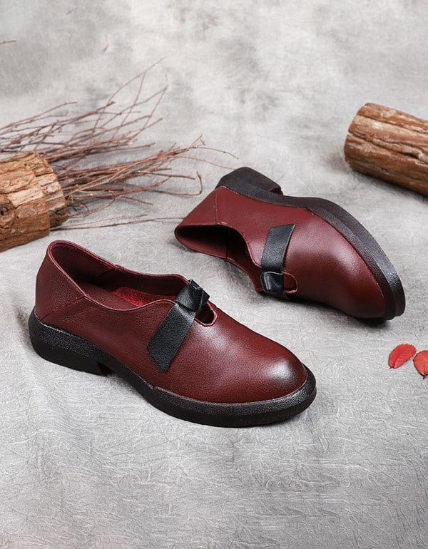 Jesień Miękkie Skórzane Bowknot Retro Płaskie Buty