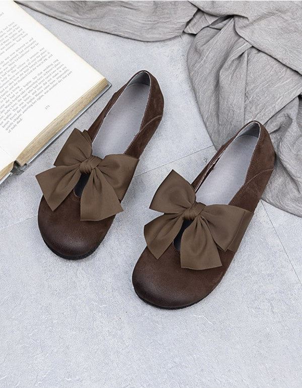 Okrągła Główka Bowknot Retro Skórzane Płaskie Buty Damskie