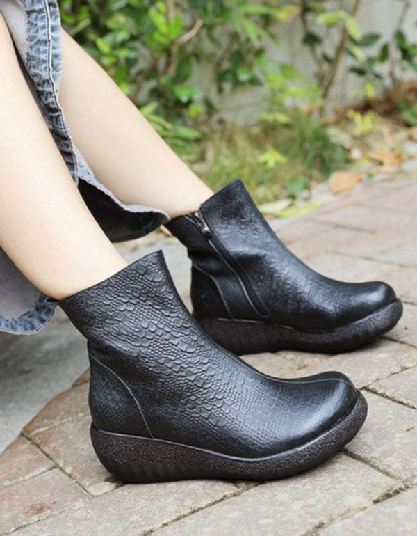 Jesienne Buty Na Koturnie Ze Skóry Wężowej W Stylu Retro