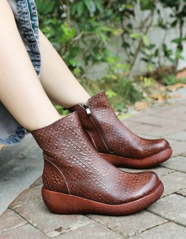 Jesienne Buty Na Koturnie Ze Skóry Wężowej W Stylu Retro