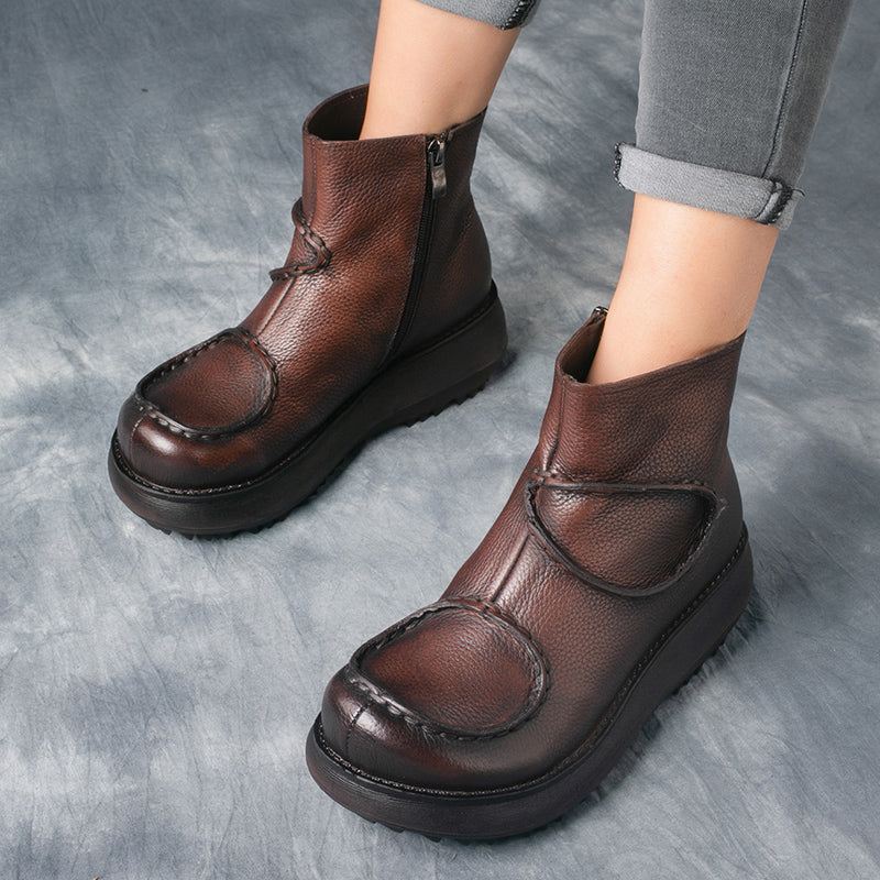 Skórzane Krótkie Buty Na Koturnie W Stylu Retro | Buty Na Prezent