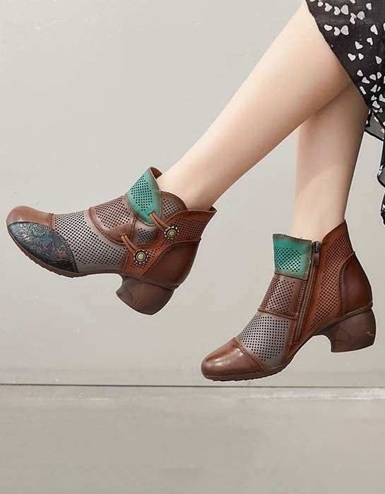 Ręcznie Robione Kolorowe Bloki Hollow Vintage Chunky Booties