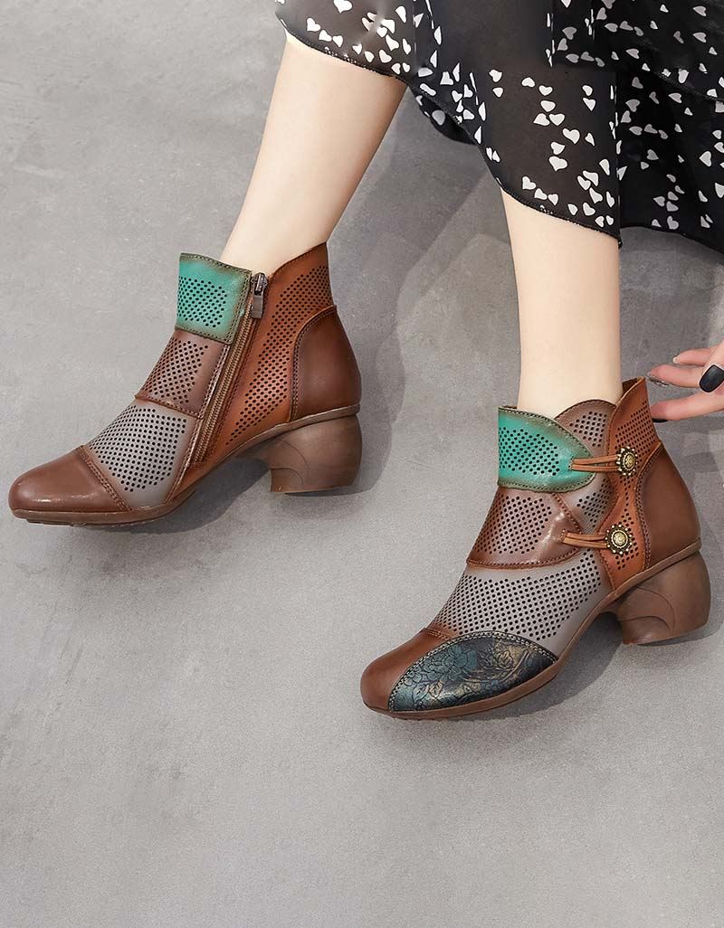 Ręcznie Robione Kolorowe Bloki Hollow Vintage Chunky Booties