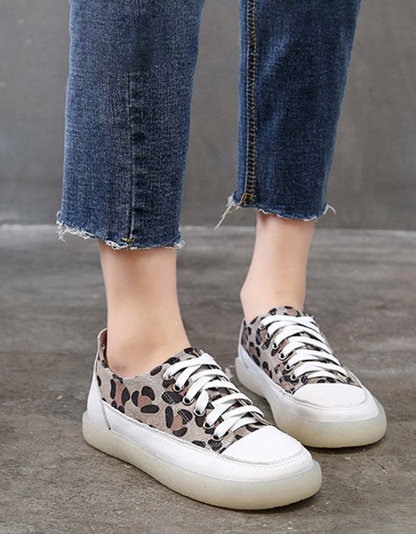 Leopard Print Canvas Płaskie Damskie Buty Na Co Dzień