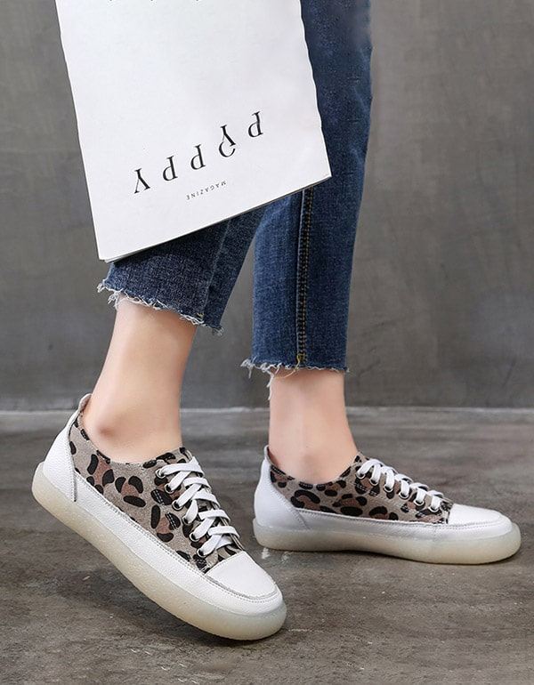 Leopard Print Canvas Płaskie Damskie Buty Na Co Dzień