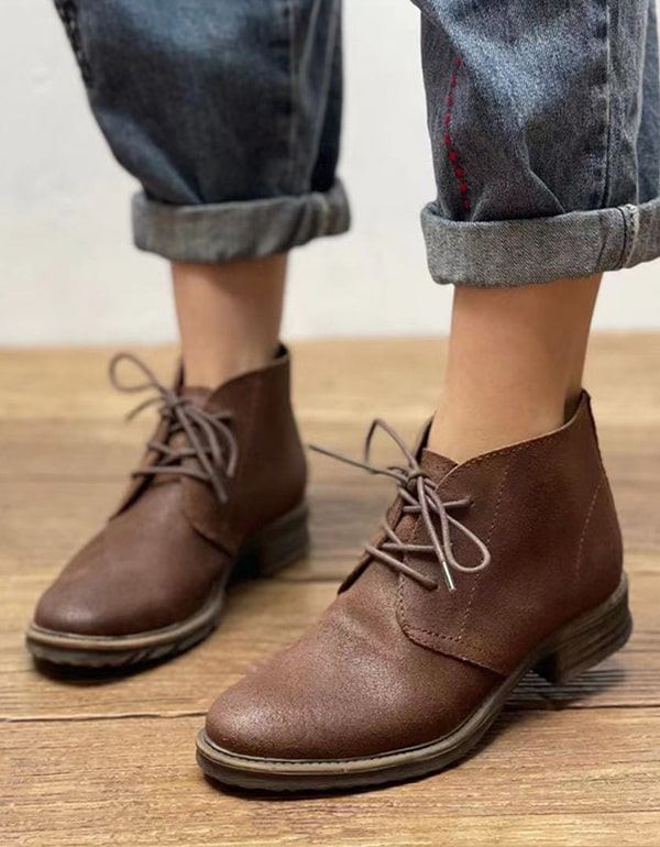 Jesienne Sznurowane Skórzane Krótkie Buty W Stylu Retro