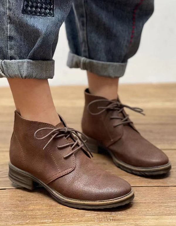 Jesienne Sznurowane Skórzane Krótkie Buty W Stylu Retro