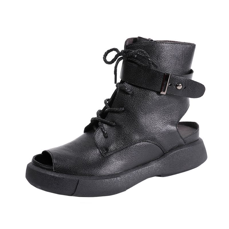 Klamra Retro Skórzane Buty Letnie Open Toe