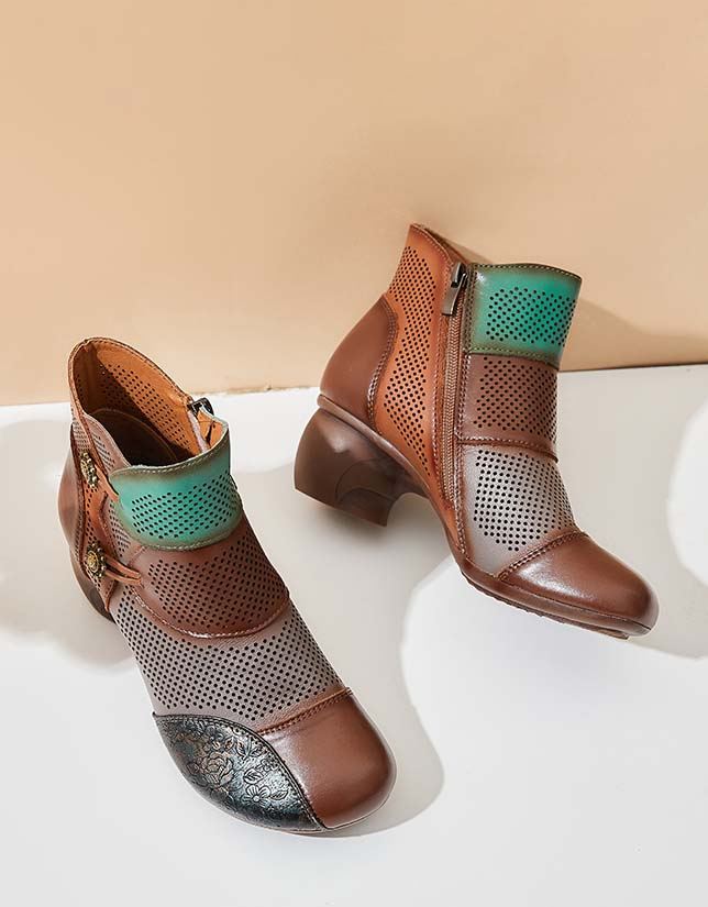 Ręcznie Robione Kolorowe Bloki Hollow Vintage Chunky Booties