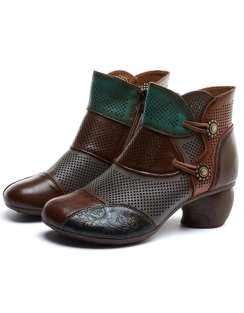 Ręcznie Robione Kolorowe Bloki Hollow Vintage Chunky Booties