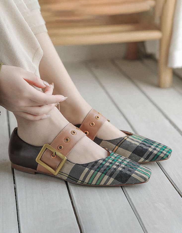 Plaid Low Square Head Mary Jane Chic Płaskie Buty