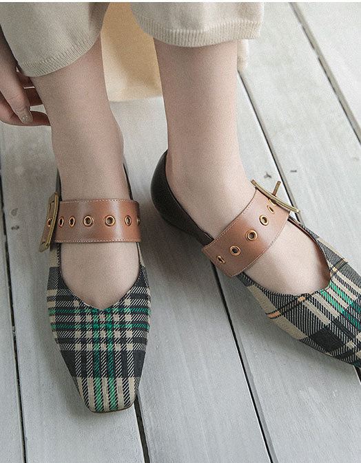 Plaid Low Square Head Mary Jane Chic Płaskie Buty