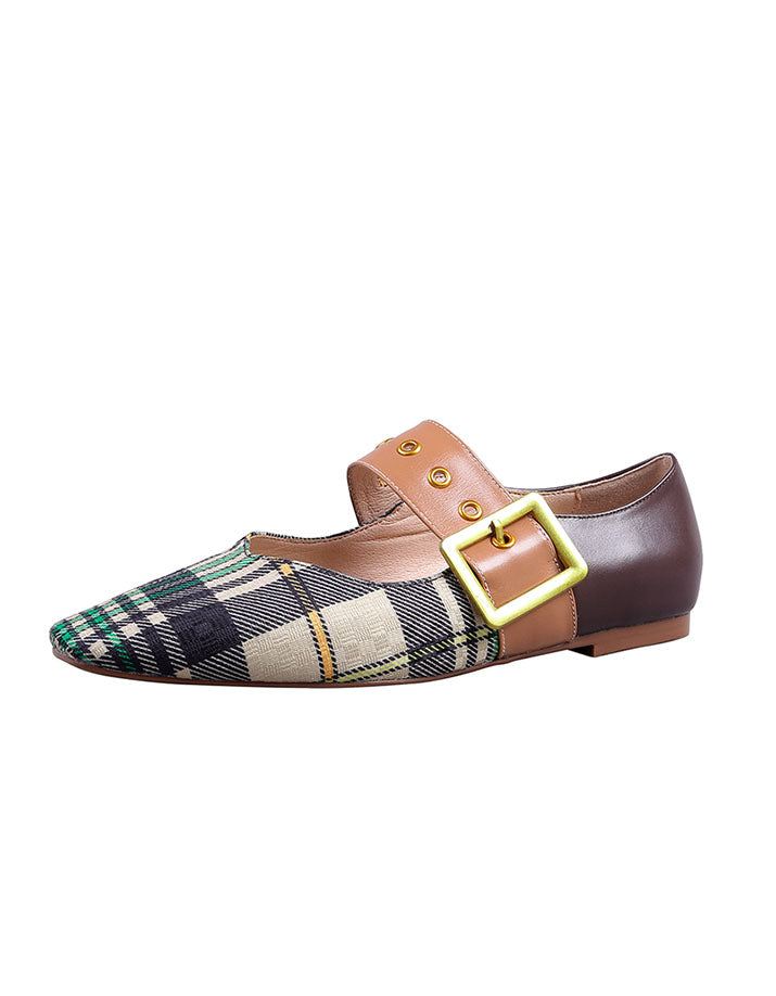 Plaid Low Square Head Mary Jane Chic Płaskie Buty