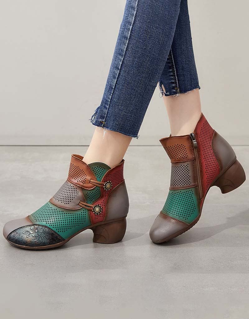 Ręcznie Robione Kolorowe Bloki Hollow Vintage Chunky Booties