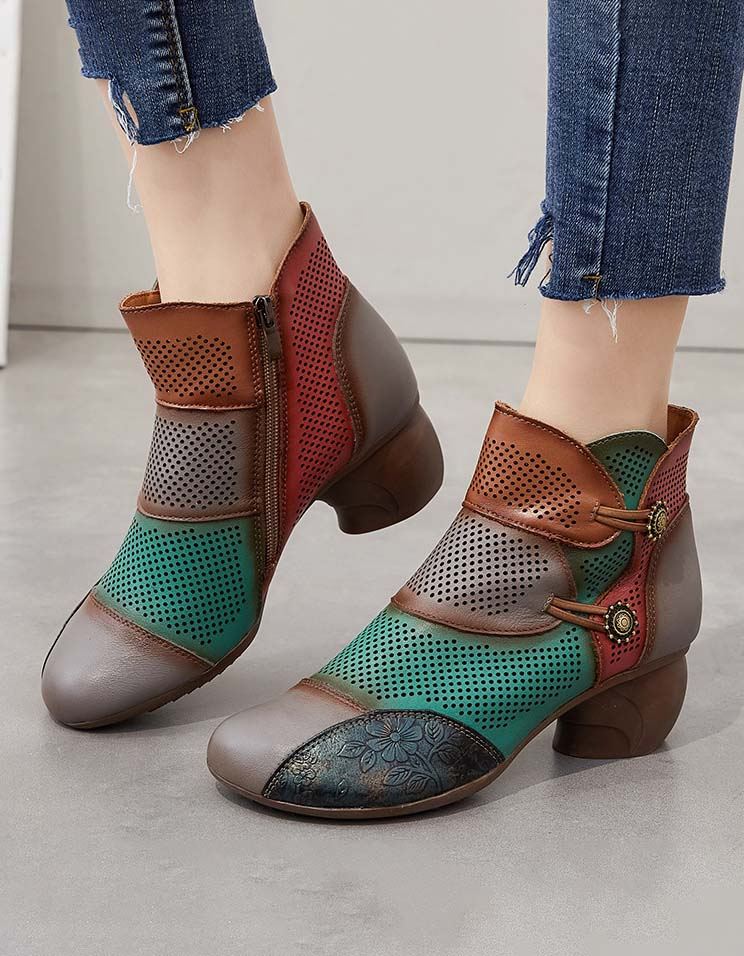 Ręcznie Robione Kolorowe Bloki Hollow Vintage Chunky Booties