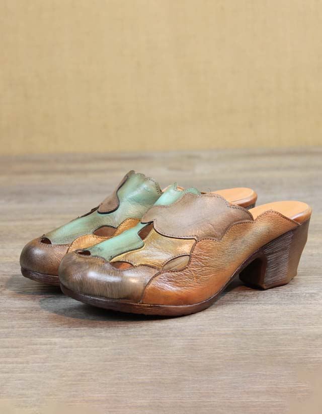 Skórzane Szwy Close-toe Vintage Chunky Heels Kapcie